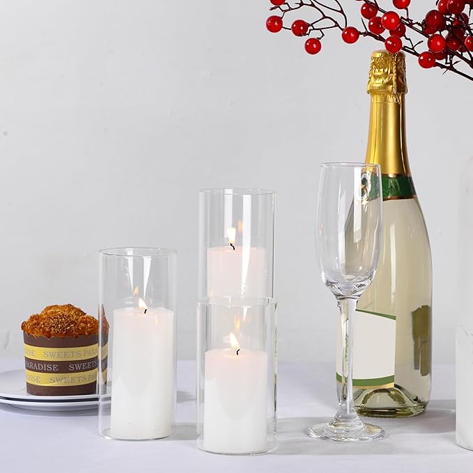 Shihanee Set of 36 Pillar Candles and Glass Cylinder Vases Clear Cylinder Holders for Slim Pillar Candles Wedding Centerpieces(2.6'' X 4.7'', 5.9'', 7.9'',White)
