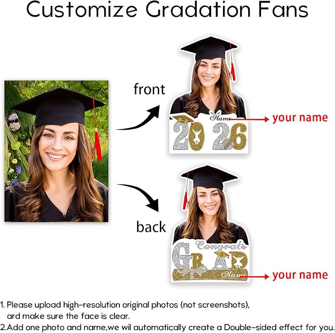 Personalized Graduation Face Fan 2026 Grade Custom Double Sided Face Cutout Fan with Handle Photo Booth Prop Party Supplies(B-Champagne and Silver,12pcs)