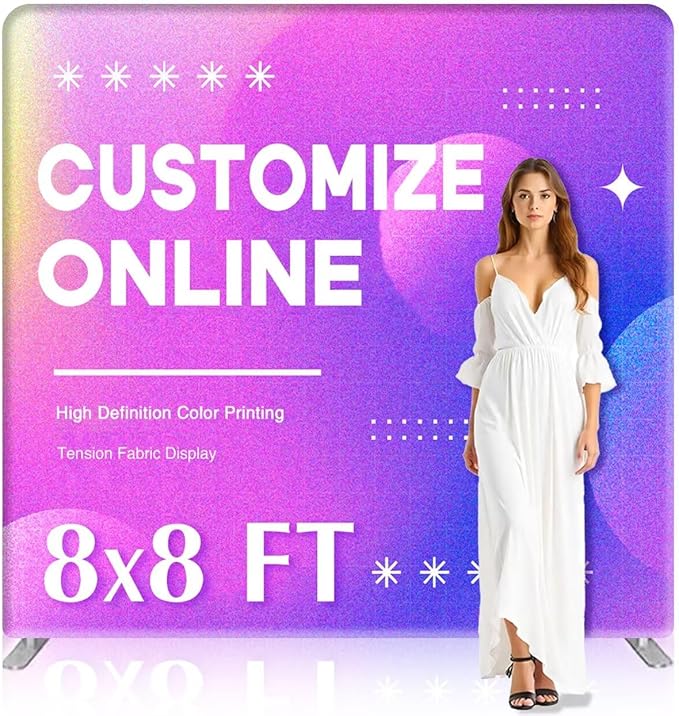 8x8 FT Custom Tension Fabric Backdrop Banner Stand, HD Banner Printing Online Design Tension Fabric Display Stand, Large Portable Trade Show Display Booth for Business, Corporate, Wedding, Mall