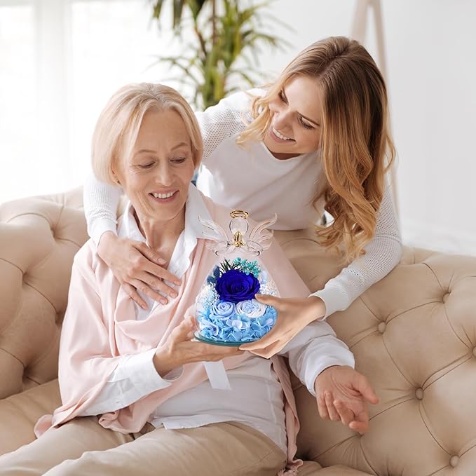 Flowers for Delivery, Valentines Day Decorations Birthday Gifts for Mom Grandma Women, Preserved Rose Forever Flower in Glass Angel Figurines Real Fresh Bouquet for Wife Sister Her Daughter