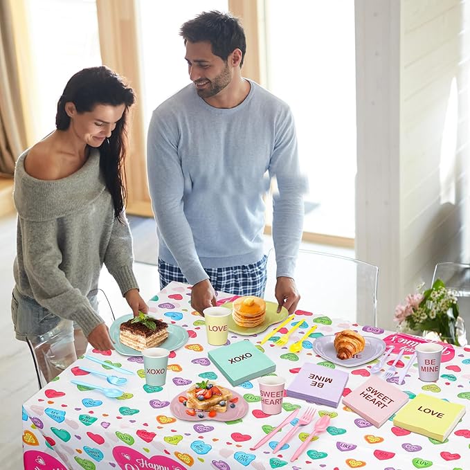342 Pcs Valentine's Party Supplies Conversation Heart Tableware Set Serve 48 Conversation Heart Plates Napkins Cups Forks Knives Spoons Tablecloth Valentines Party Decor Disposable Dinnerware