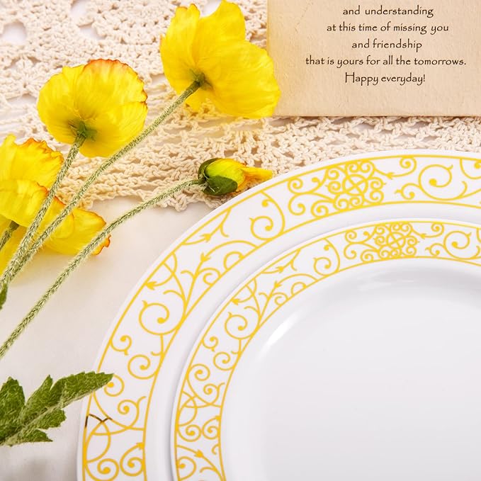 LIYH 700 Pcs Gold Plastic Dinnerware Set for 100 Guests - Plastic Plates for Party Includes Disposable Plates, Cups, Wedding Napkins and Disposable Cutlery Elegant White & Gold Design for Wedding