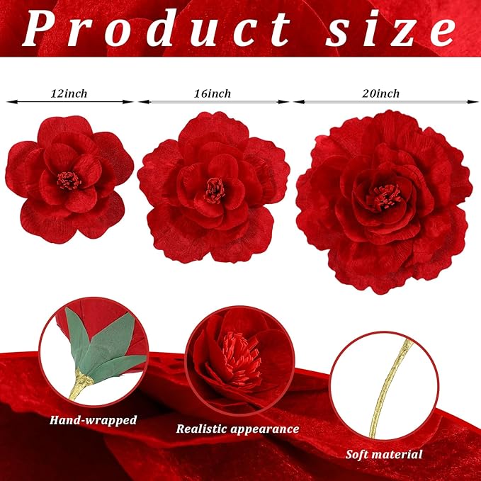 Norme 3 Pcs Valentine Giant Red Velvet Rose 12, 16, 20 Inch Large Rose Petals Big Paper Flowers Giant Flower for Decorations Large Red Flowers for Valentine, Wedding, Home Decor, Anniversary Birthday
