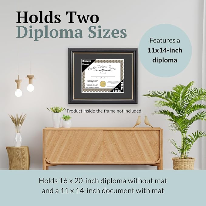 Creative Picture Frames 11" x 14" Rockefeller Black with Gold Rim Diploma Frame, Displays 11" x 14" Certificate or 16" x 20" Document without Mat, College Degree Frame, Full-Strength Glass, Black Mat