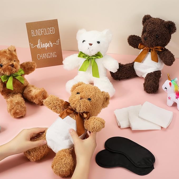 6 Set Bear Blindfolded Diaper Changing Baby Shower Games with Blindfold Changing 12 Inch Bear Dolls Diapers Gift Bags for Baby Shower Gender Reveal Raffle Party Game