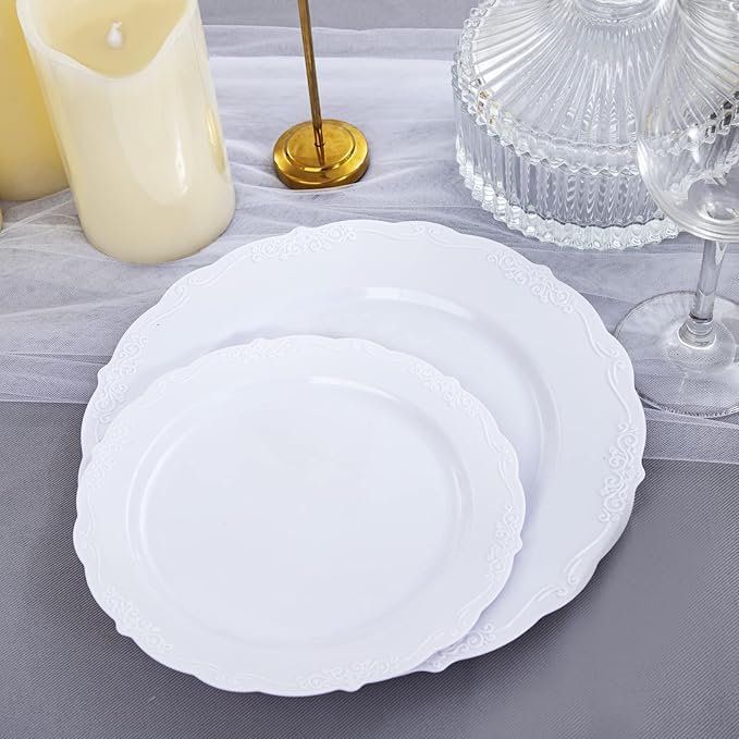 DaYammi 60PCS White Plastic Plates, Heavy Duty White Disposable Plates Premium 10inch Dinner Plates Hard Plastic Plates Disposable for Party Wedding Bridal Shower