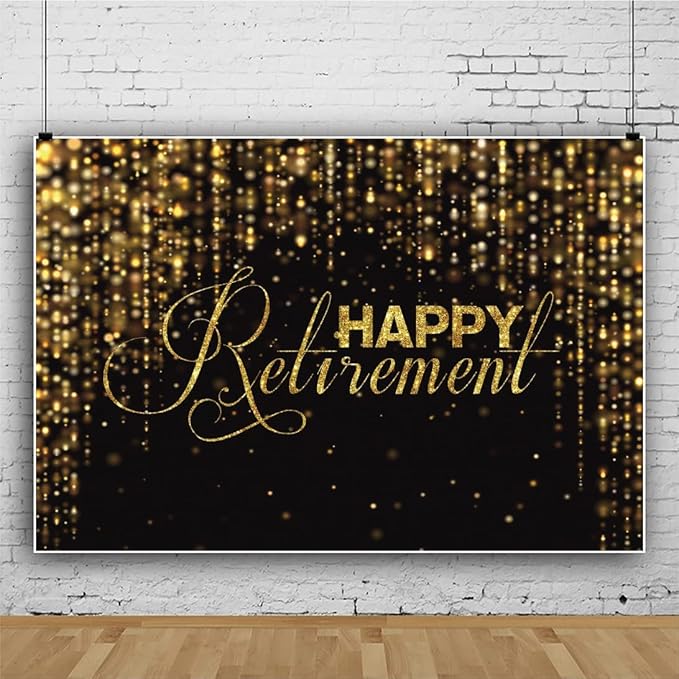 9x6ft Happy Retirement Photography Backdrop Luxury Black and Gold Party Backdrop Background Gold Glitter Celebrate Retirement Party Decorations Wallpaper Studio Props Bokeh Banner Supplies