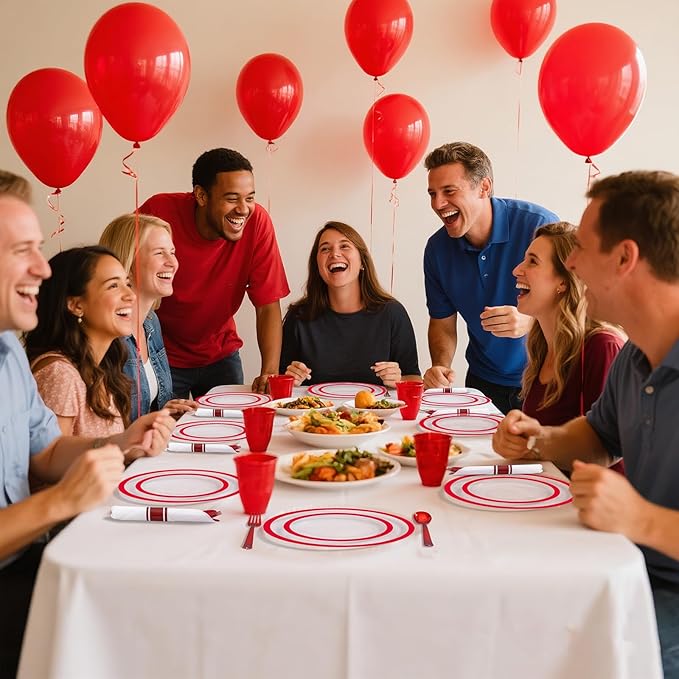 I00000 700 Piece Red Plastic Dinnerware Set for Party, Clear Disposable Plates for 100 Guests, Include: 100 Dinner Plates, 100 Dessert Plates, 100 Pre Rolled Napkins with Cutlery Set, 100 Cups