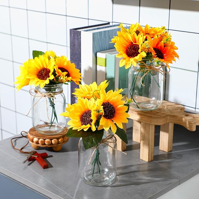 XunYee 10 Set Mason Jar Table Centerpiece with Flower Mason Jar Flower Centerpiece Vases Decor for Engagement Party Bridal Shower Centerpieces Wedding Reception Table Decor(Sunflower)