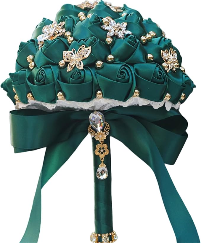 Bridal Wedding Bouquet for Bride Bridesmaid Wedding Quinceanera Throw Toss Artificial Rose Flower Bunch with Bling Brooch (07G#Dark Green, Small (Dia. 7.5"/18cm))