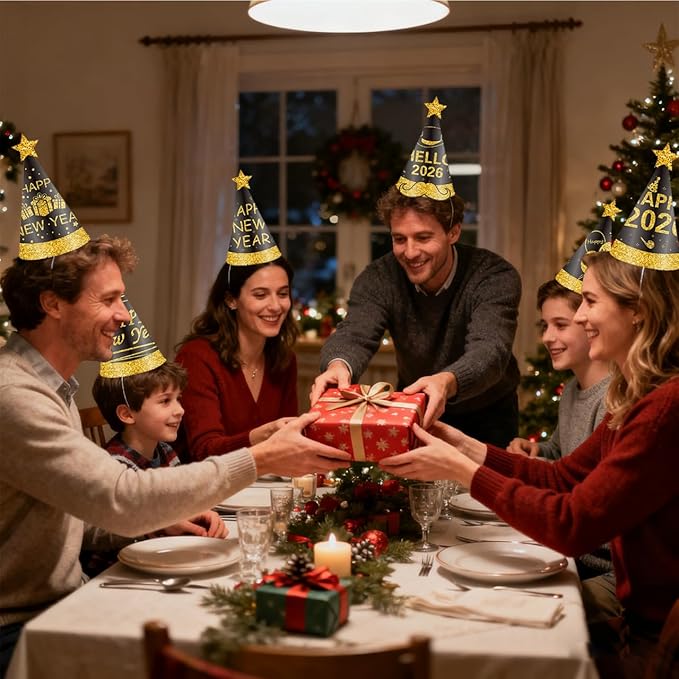 2026 New Year Decorations Set for 24 Guests - Hats, Headbands, Conical Hats, Beaded Necklaces, Noise Makers
