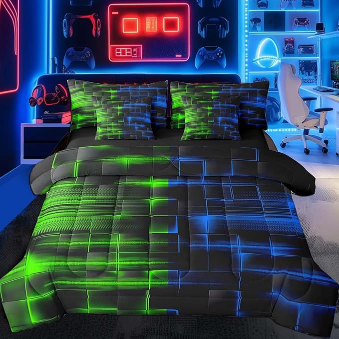Feelyou Green Blue Bedding Set Full Size Boys Girls Geometric Strip Lines Comforter Set with Sheets 7 Piece for Bed in a Bag Abstract Modern Bed Set with Comforter,Sheets,Pillowcases