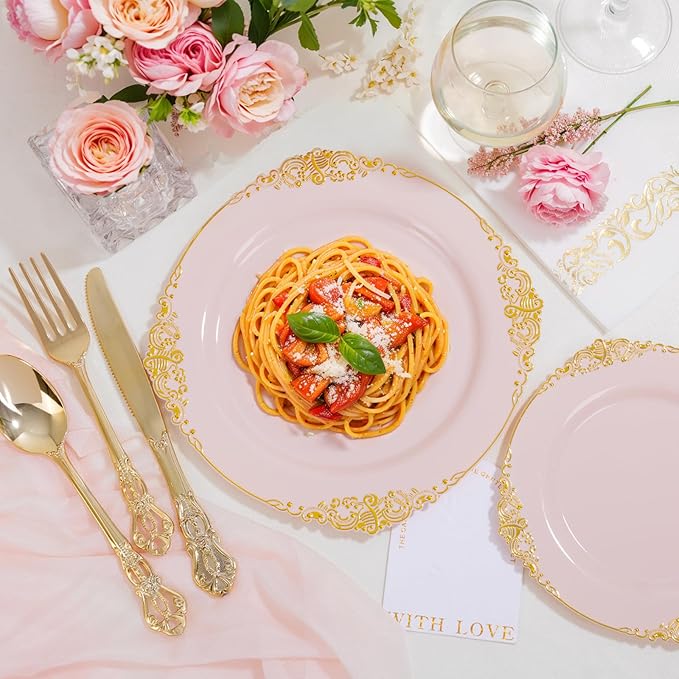 Ciaell 300PCS Pink and Gold Plastic Plates - Pink Disposable Dinnerware Sets for 50 Guests - 100 Plates, 50 Knives, 50 Forks, 50 Spoons, and 50 Napkins for Wedding, Party & Valentine's Day