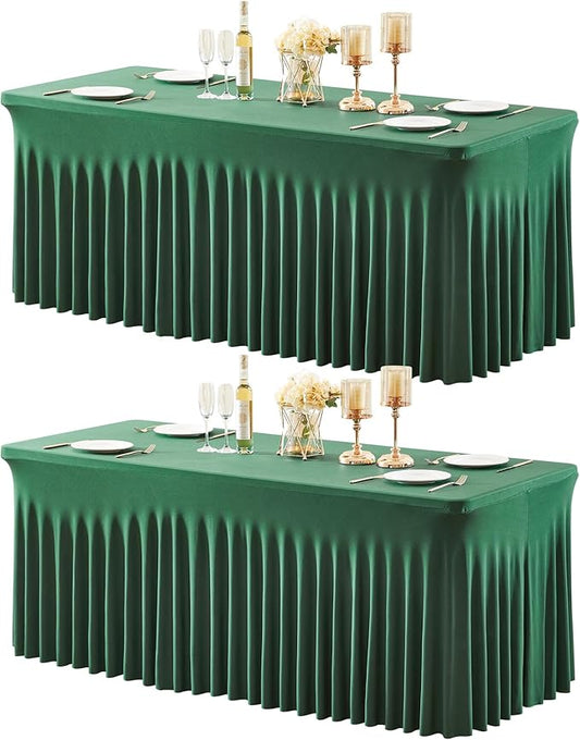 2 Packs Green Table Clothes for 4 Foot Rectangle Tables, Wrinkle Resistant Stretch Spandex Table Covers Fitted Tablecloth with Skirt for Easter Event Banquet Wedding Birthday Party