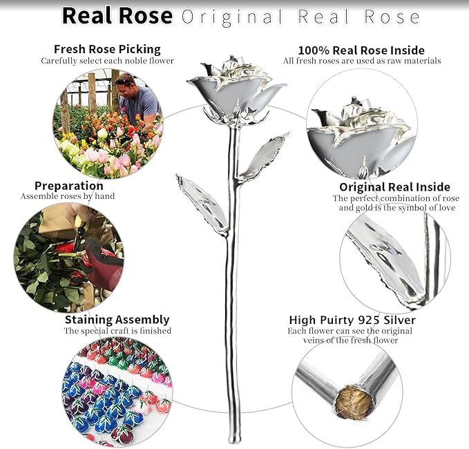 Silver Rose, Silver Dipped Rose Made from Real Rose Best Gifts for her and 25th for Wife, Silver with Stand