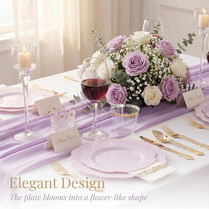 NOCCUR 175PCS Purple Plastic Plates with Gold Disposable Silverware - Include 50 Lavender and Gold Plastic Plates,25 Knives,25 Forks,25 Spoons,25 Cups and 25 Napkins - Ideal for Wedding/Spring Party
