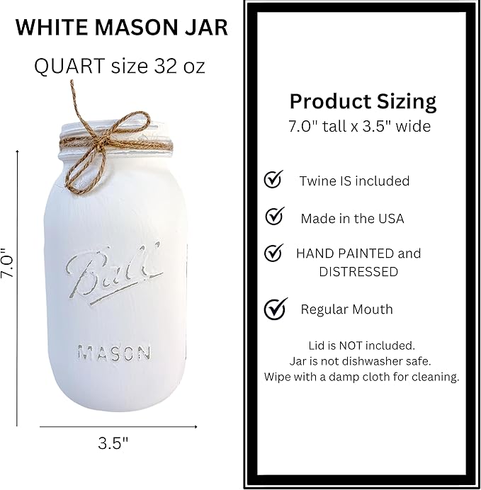 White Mason Jars Centerpieces for Tables, Set of 5-32 oz Hand-Painted Mason Jars for Wedding, Baby Shower, Bridal Shower - Rustic White Centerpieces for Tables Party (5 White Jars - No Flowers)