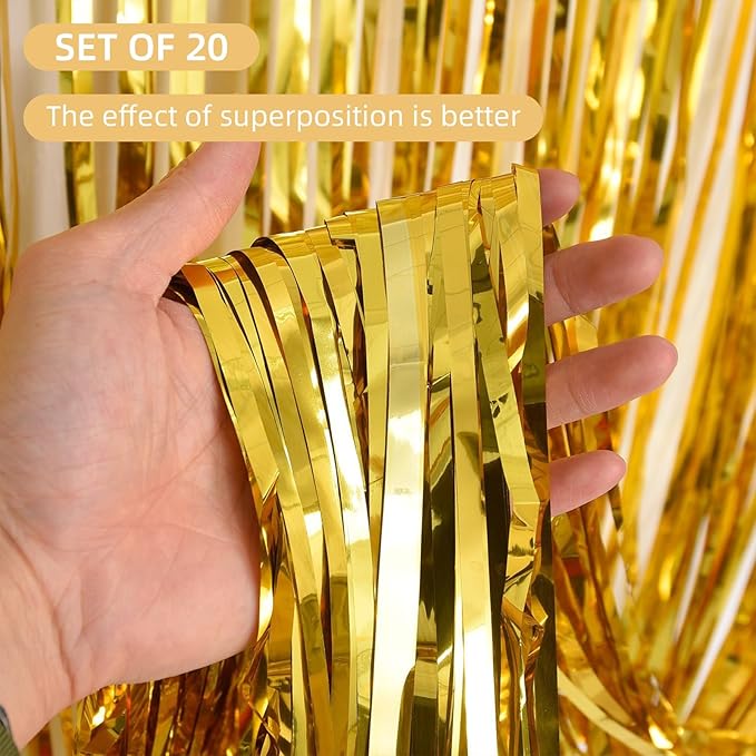 20 Pack Gold Foil Fringe Curtains 3.2ft x 9.8ft Gold Foil Curtain Backdrop Metallic Tinsel Curtains Streamer Photo Booth Backdrop for Birthday Party Engagement Bachelorette Party Decorations
