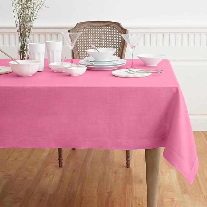 Solino Home Linen Tablecloth for Rectangle Tables 60 x 90 Inch - 100% Pure Linen Flamingo Pink Table Cloth - Fete, Machine Washable Cloth Tablecloth for Valentines, Spring, Easter