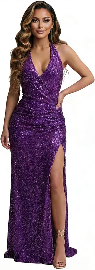 Halter Sequin Prom Dress for Women 2026 Pleats Formal Evening Dress with Slit L01032