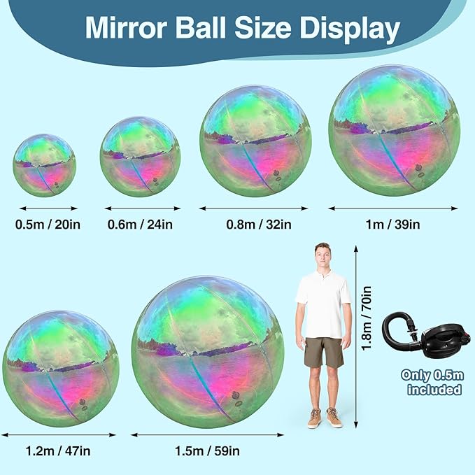 Iridescent Inflatable Mirror Ball with Air Pump, Big Shinny Mirror Balls Reusable Large PVC Disco Ball Balloon for Large Event Decoration, Party, Concerts, Stage, Wedding Decor (1 Pcs, 19.7in)