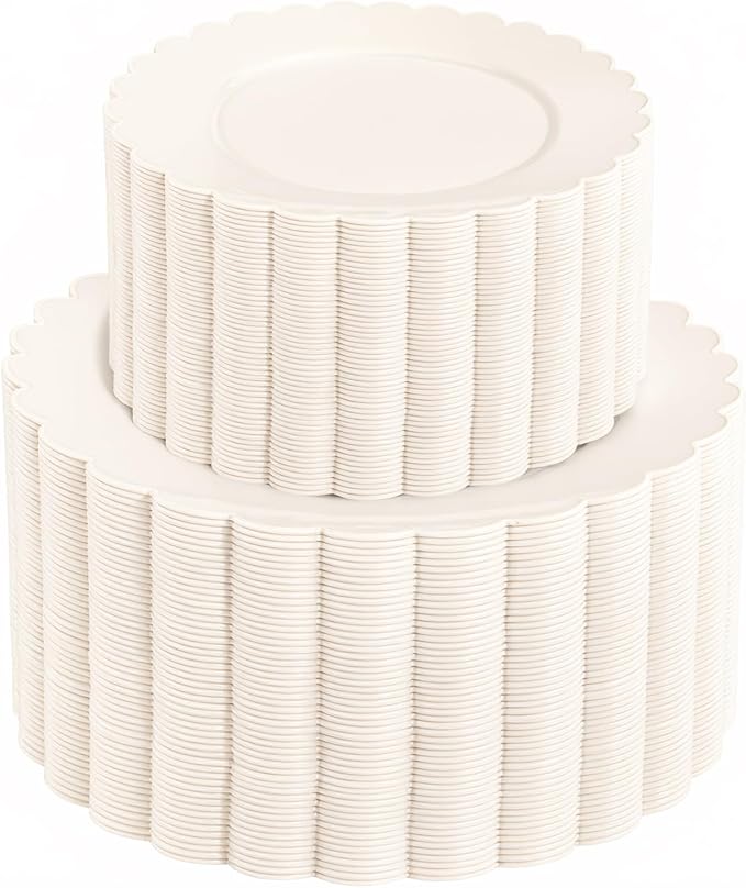 supernal 100pcs Ivory Plastic Plates Fancy Disposable Scalloped Plates for Party Heavy Duty for Party,Wedding,Brthdays Bridal Shower Plate Include 50 Plastic Dinner & Dessert Plate