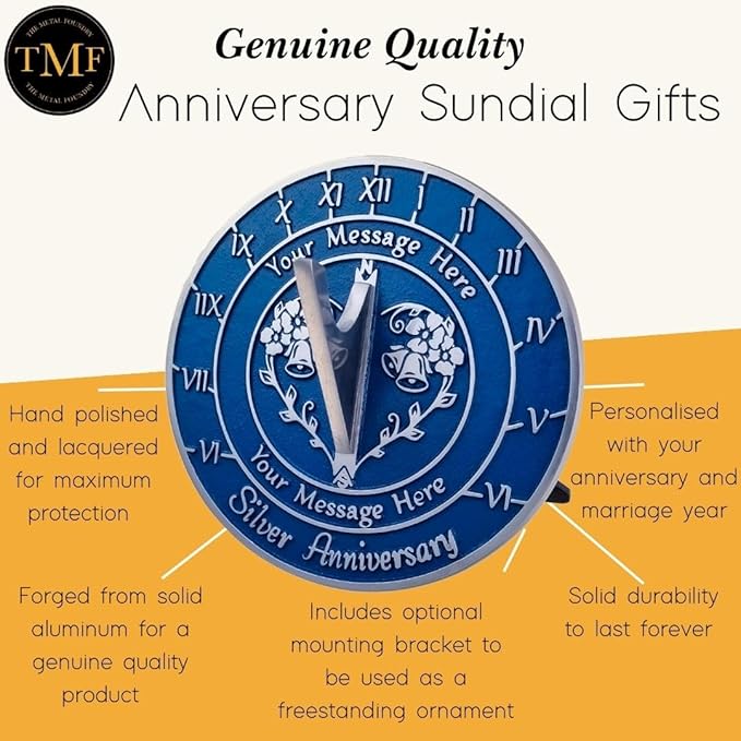 The Metal Foundry Personalized Silver 25th Large Sundial - Recycled Solid Metal UK Manufactured Home Decor Or Garden Present Idea for Parents, Friends Or Couple On 25 Years Marriage