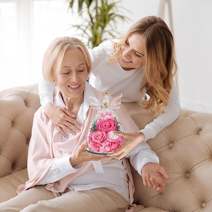 Birthday Gifts for Women Mom Preserved Roses in Glass Angel Figurines Flowers for Delivery Forever Flowers Eternal Rose Valentines Day for Grandma Sister Wife Her from Daughter