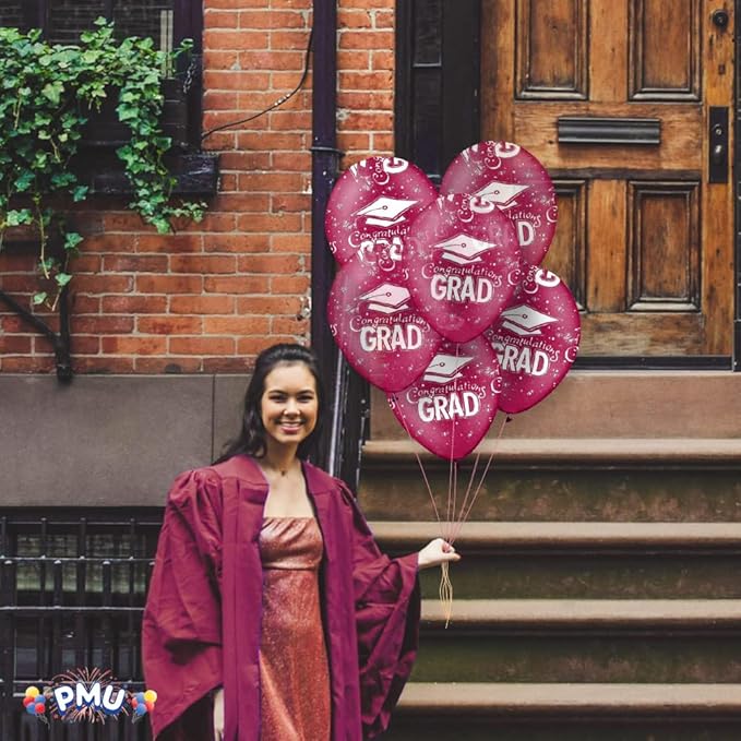 PMU 100 Pcs Crystal Burgundy Graduation Balloons Class of 2025 with All-Over Print White Grad Caps-Confetti and Streamers | Graduation Party Supplies | Congratulations Grad Latex Balloons Latex