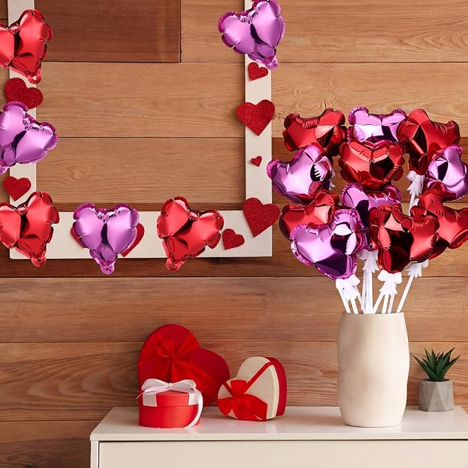100 Pcs Valentine's Day Self Inflatable Heart Balloons with Bow Stems Mini Heart Balloons Decoration for Valentine Wedding Anniversary Party Supplies Cake Toppers(Red,Rose Red,4 Inch)
