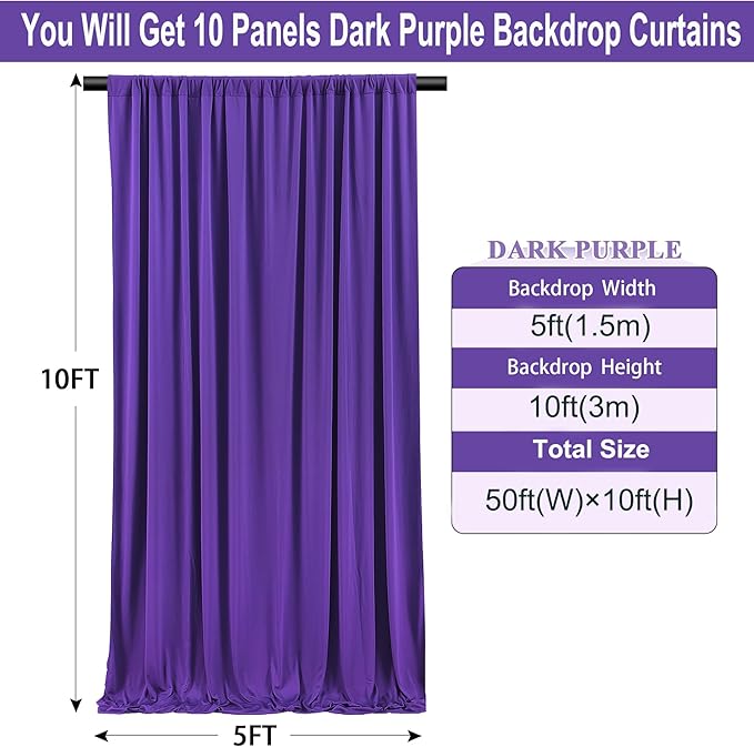 50ft x 10ft Wrinkle Free Purple Backdrop Curtains for Parties,Soft Silk Polyester Wedding Backdrop Drapes,10 Panels 5x10ft Photo Back Drop Curtain for Themed Birthday Party Photography Background