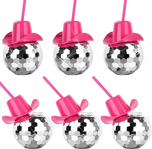 6 PCS Disco Ball Cups Pink Cowgirl Hat Mirror Party Cup with Straws Silver 70s Cocktail Cup Sparkling Tumbler Wine Glass for 1970s Bar Dance Cowboy Bachelorette Party Decorations Supplies