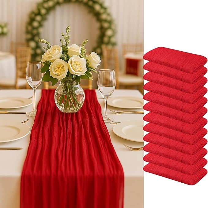 12 Pack Red Cheesecloth Table Runner Set – 10FT x 12pcs Gauze Boho Table Runners for Wedding Party Bridal Shower Baby Shower Dinner Holiday Rustic Decorations