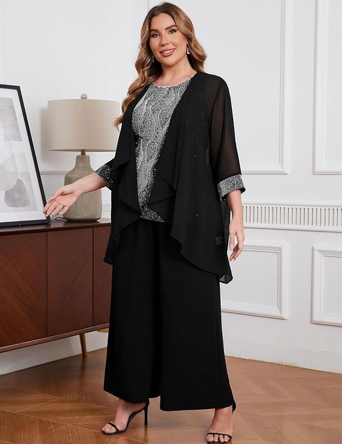 ZOMVA Plus Size 3 Piece Formal Pantsuit Sparkly Chiffon Jacket Set Dressy Outfit Mother of The Bride Groom Wedding Cocktail