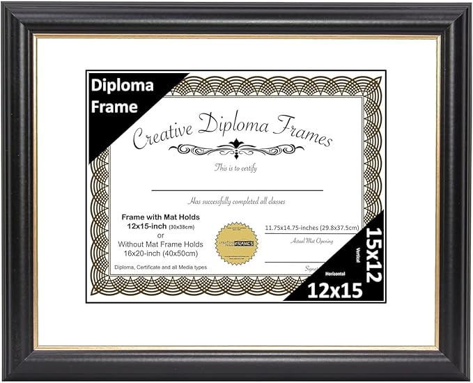Creative Picture Frames 12" x 15" Rockefeller Black with Gold Rim Diploma Frame, Displays 12" x 15" Certificate or 16" x 20" Document without Mat, College Degree Frame, Full-Strength Glass, White Mat