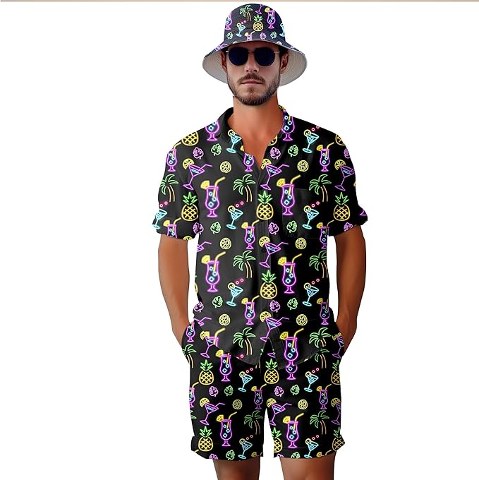Men's 2 Piece Tracksuit 80s 90s Outfit Button Down 80s Shirts and Shorts Sets with Bucket Hats