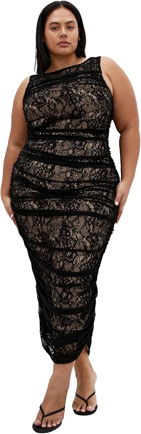 City Chic Women's Plus Size Dress - Halo Ruched Lace Midi