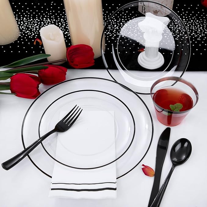NOCCUR 350PCS Clear and Black Plastic Plates - Disposable Dinnerware Set for 50 Guests Include 100 Dinner/Dessert Plates,150 Black Cutlery,50 Cups&50 Napkins Ideal for Party/Birthday/New Year
