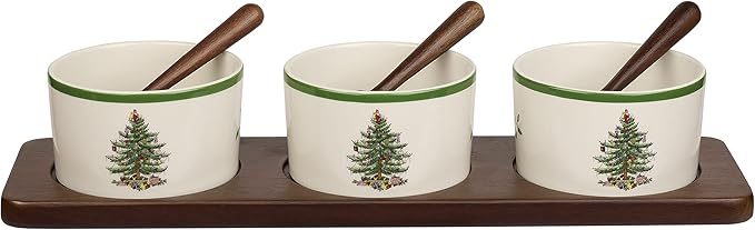 Portmeirion Spode Christmas Tree Holiday Serving Dishes - 7-Piece Set, Beige/Green, Ceramic Serving Bowl - Dip Bowls - Holiday Dinnerware, Dishwasher and Microwave Safe, Festive Tableware