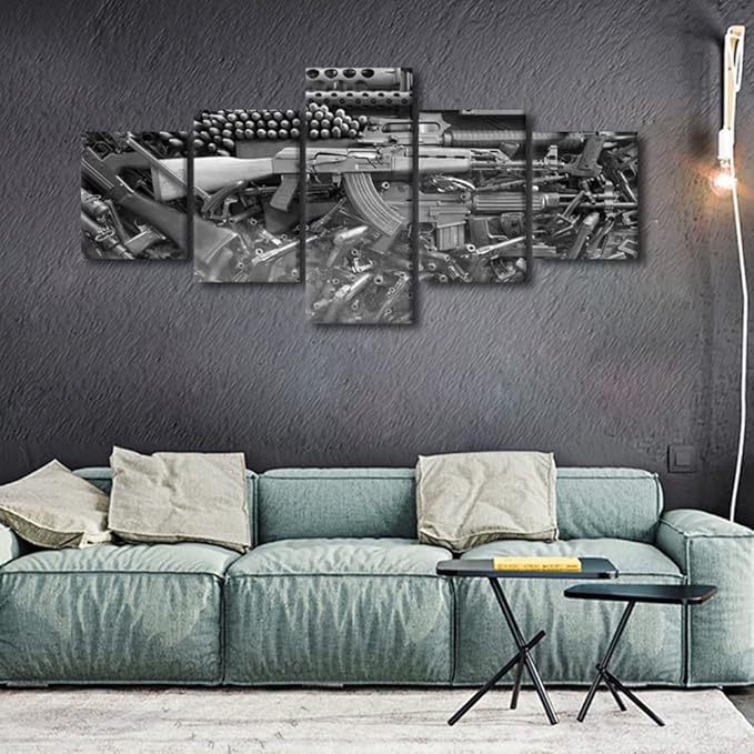 Modern Wall Art Prints and Poster Damaged Weapon Gun Canvas Painting for Living Room Black and White Pictures Home Decor 5 Panels Gallery-wrapped Artwork Set Wooden Framed Ready to Hang(50"W x 24"H)
