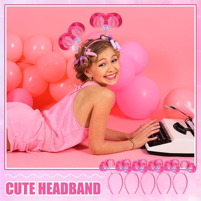 Hoteam 48 Pcs Pom Pom Headband Carnival Party Tinsel Wrapped Ponytail Head Bopper Costume Headwear Hair Accessories Women(Pink)