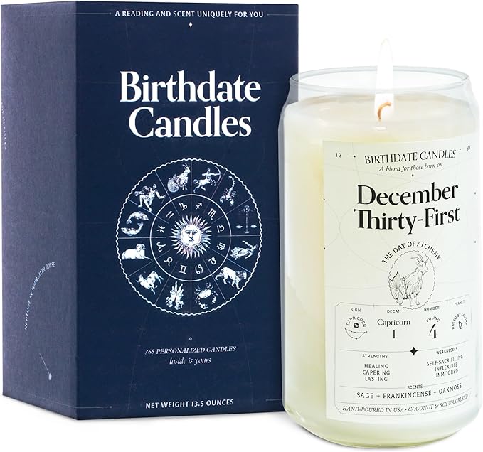 Birthdate Candles, December 31 - Capricorn Zodiac Scented Candles Birthday Gift - Sage, Frankincense & Oakmoss Scent - All-Natural Soy & Coconut Wax, 60-80 Hour Burn Time - Made in USA