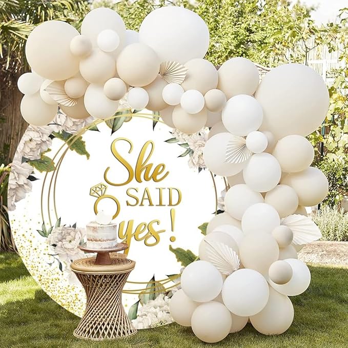 Leyiyi 7.2x7.2ft She Said Yes Round Backdrop Cover Polyester Rustic White Flower Golden Glitter Photography Background Floral Romantic Proposal Wedding Bridal Shower Engagement Party Decoration Banner