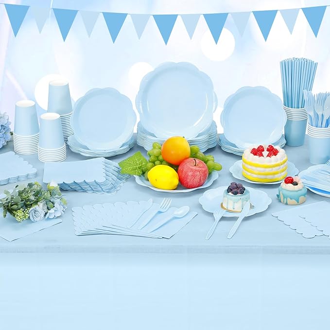 452 Pcs Light Blue Party Supplies for 50 Guests, Baby Blue Scalloped Paper Plates Napkins Cups Plastic Tablecloth Cutlery Straws for Baby Bridal Shower, Birthday Wedding Party Decoration