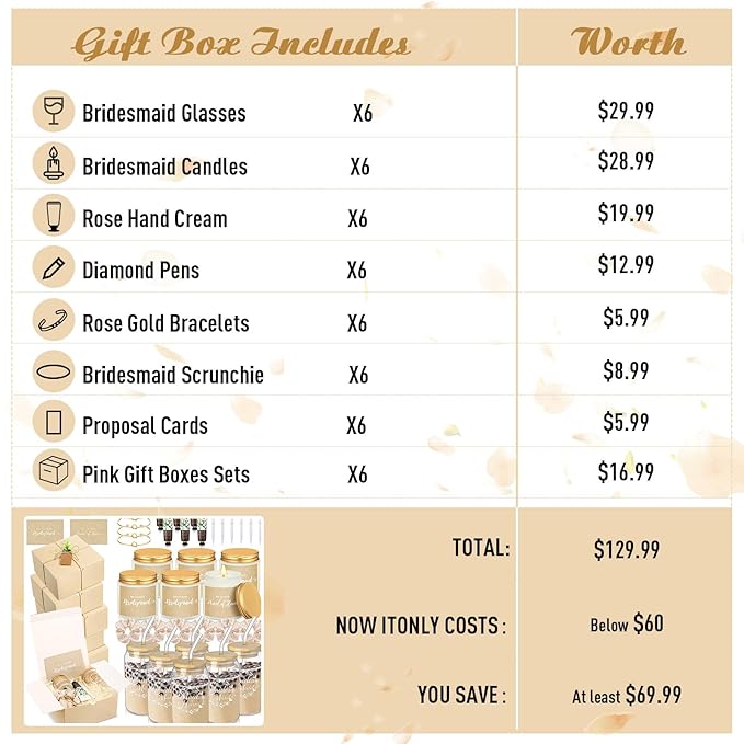 60 Pcs Bridesmaid Proposal Gifts Bridesmaid Box Set, Maid of Honor Gifts Include Box Glass Cup Candle Cards Scrunchies Hair Knotted Bracelets Hand Cream Diamond Pens (Light Gold)