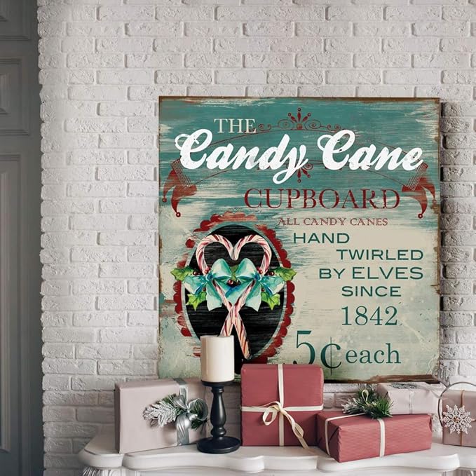 Renditions Gallery Candy Cane Cupboard Wall Art, Cute Christmas & Winter Decor, Vintage Faux Wood Look, Festive, Premium Gallery Wrapped Canvas, Ready to Hang, 24 in H x 24 in W, Made in America