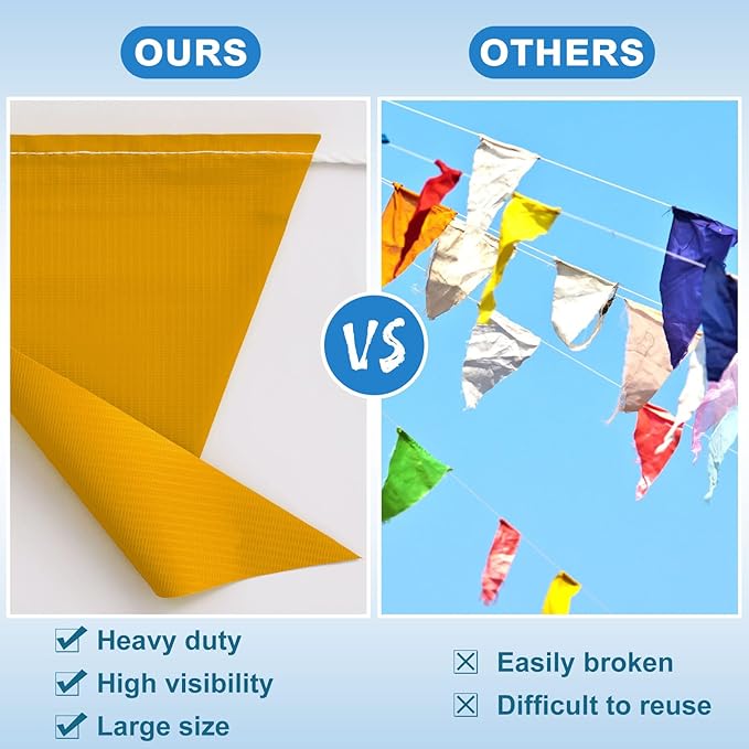 Preboun 197FT Pennant Banner Flags High Visibility Safety Marking Flags Traffic Resistant Warning Signs Rooftop Flagging for Roadwork, Hazard Areas, Construction Sites(9 x 12 Inch,Yellow)