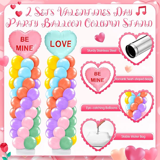 Kasyat 2 Set Valentines Day Balloon Column Stand Kit with 2 Candy Pastel Heart Love Foil Balloons, Valentines Day Arch Garland Stands for Valentine's Wedding Anniversary Party Supplies Decoration