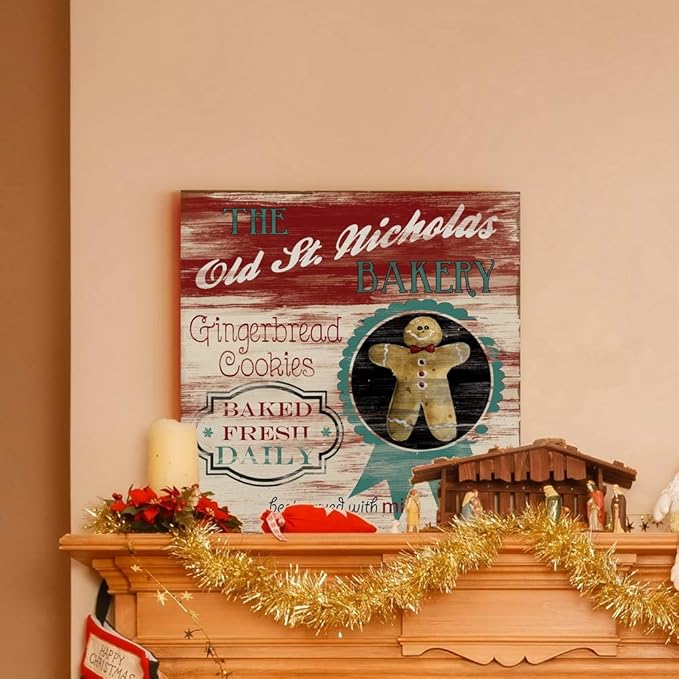 Renditions Gallery Old St. Nicholas Bakery Wall Art, Cute Christmas & Winter Decor, Vintage Faux Wood Look, Festive, Premium Gallery Wrapped Canvas, Ready to Hang, 16 in H x 16 in W, Made in America