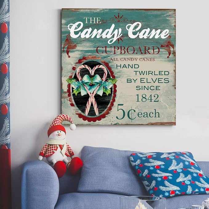 Renditions Gallery Candy Cane Cupboard Wall Art, Cute Christmas & Winter Decor, Vintage Faux Wood Look, Festive, Premium Gallery Wrapped Canvas, Ready to Hang, 32 in H x 32 in W, Made in America